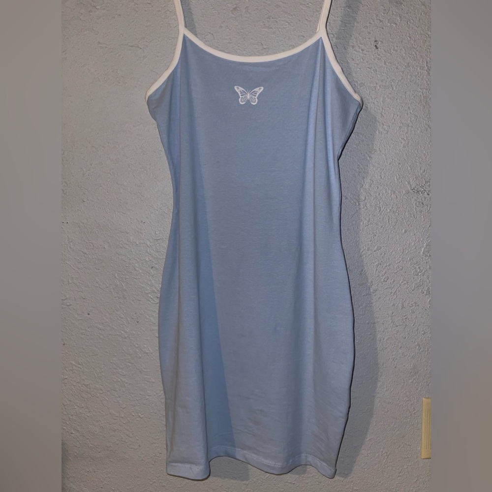 Baby blue mini/midi dress with white butterfly/detailing